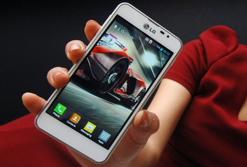 The LG Optimus F5 held by a model.