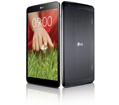 Half side views of the front and the back of LG G Pad 8.3 in black color.