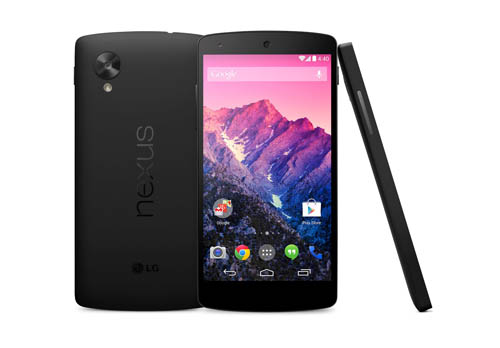 From left to right; A back view of LG Nexus 5, a front view of LG Nexus 5, a side view of LG Nexus 5