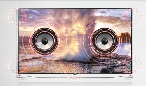 A front view of LG ULTRA HD TV model UB9800 distributing booming sound.