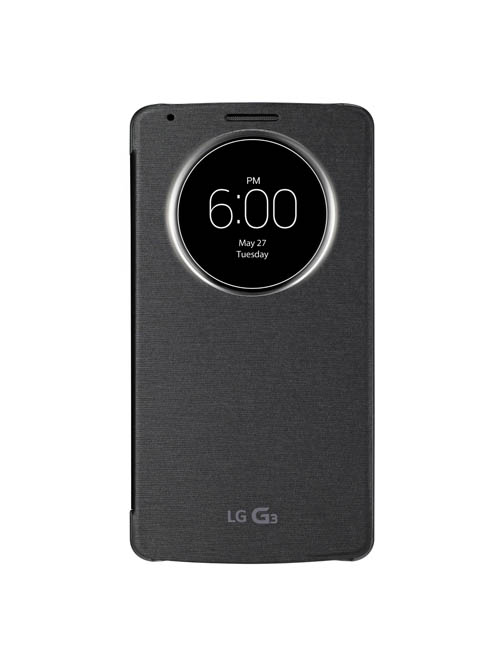 A front view of LG G3 wearing QuickCircleTM case in Metallic Black color.