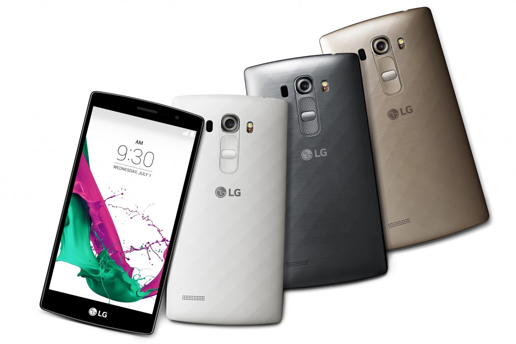 From left to right; A front view of LG G4 Beat, back views of three LG G4 Beats – each in Ceramic White, Metallic Silver, Shiny Gold color showing their rears.