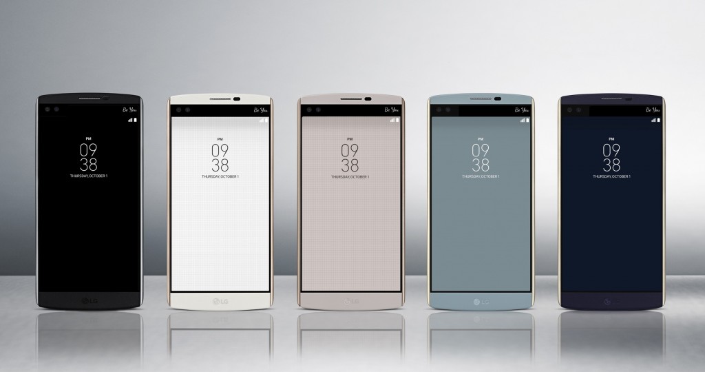 The front view of the LG V10 in Space Black, Luxe White, Modern Beige, Ocean Blue and Opal Blue