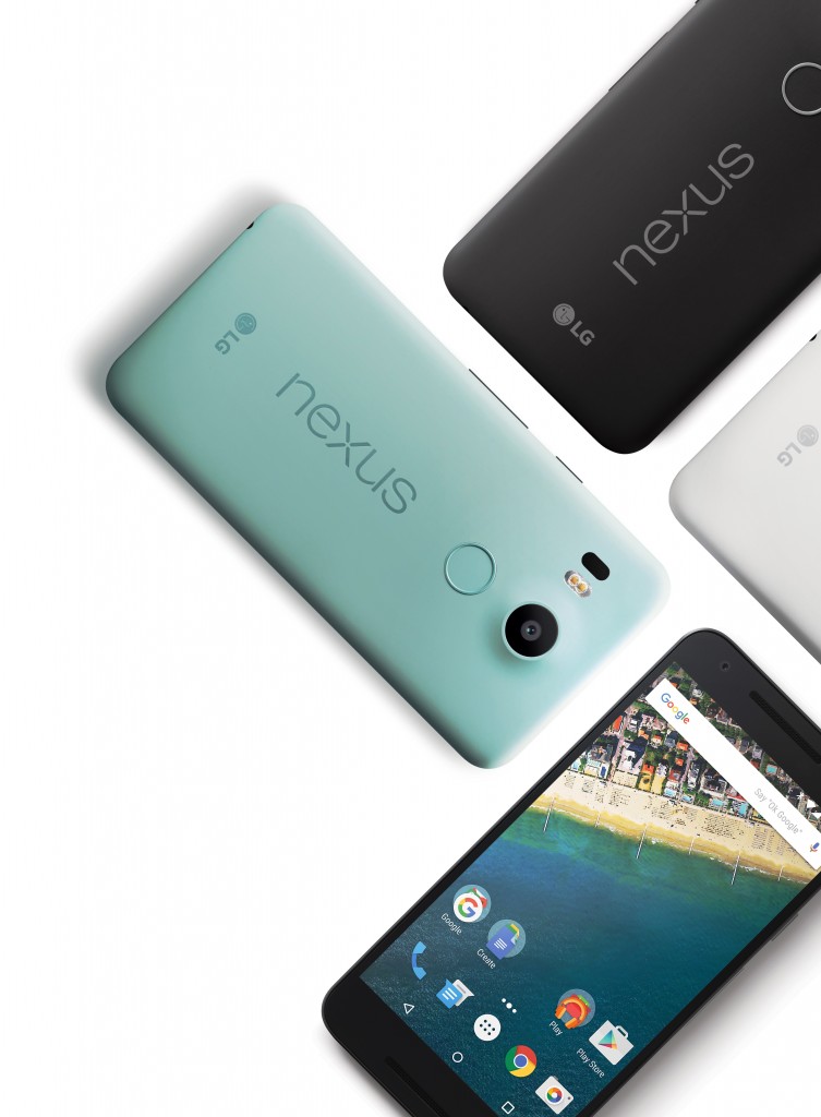 The front and back view of the Nexus 5X in Carbon Black, Quartz White and Ice Blue