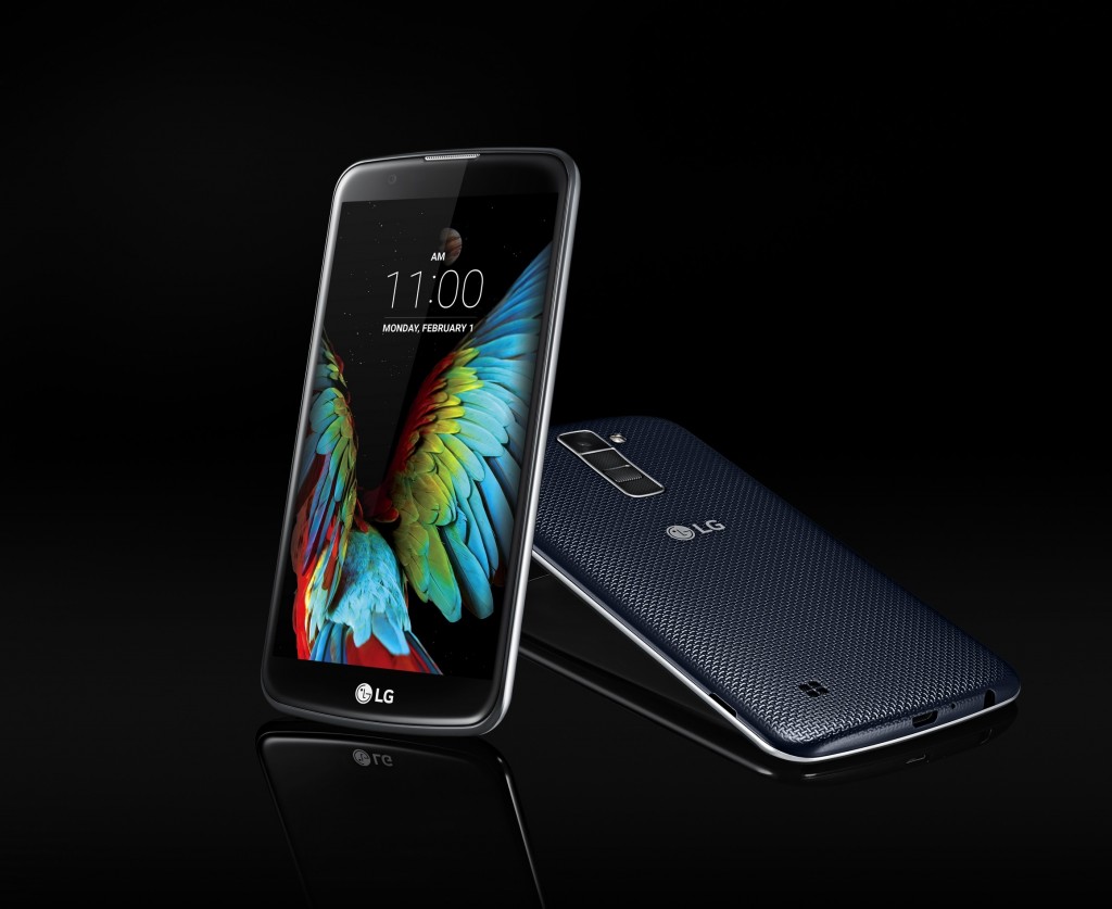 The front and back view of the LG K10 in Indigo