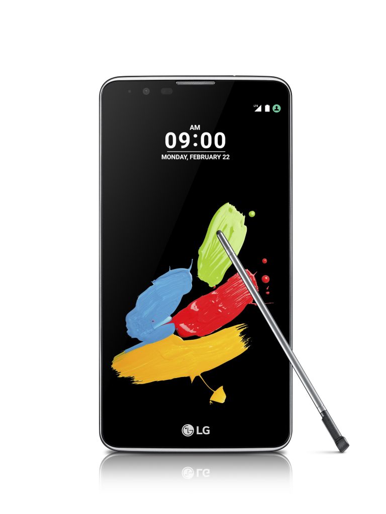 The front view of LG Stylus 2 in Titan and its pen with a nano-coated tip on top of the screen