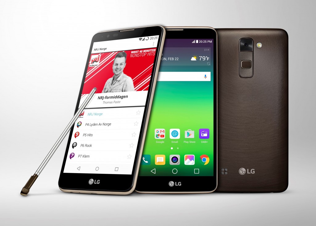 The right side, font and back view of the LG Stylus 2 in Brown