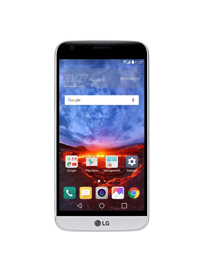 The front view of the LG G5 in Silver with the new 360-degree VR wallpaper displaying the crest of a volcano