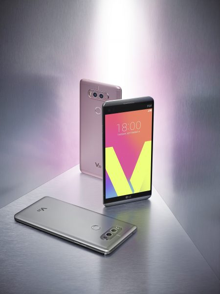 The front and rear view of the V20 in Titan, Silver and Pink