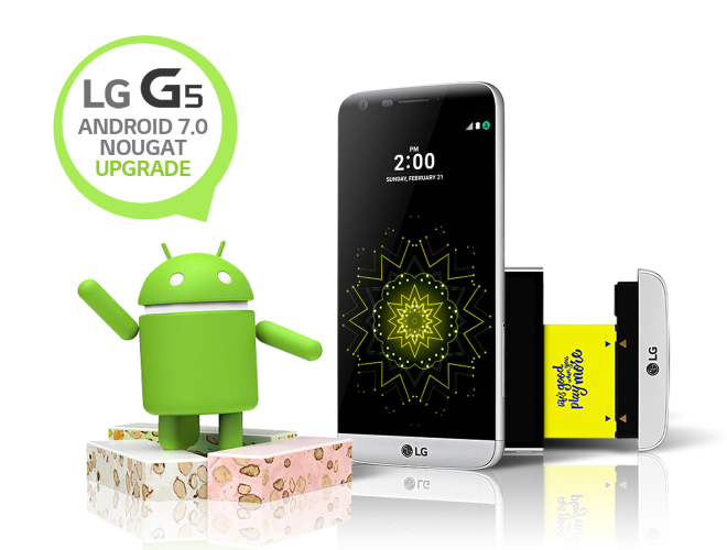 The front view of the LG G5 in Silver, with the Android Nougat logo with a speech bubble reading “LG G5 Android 7.0 Nougat Upgrade”