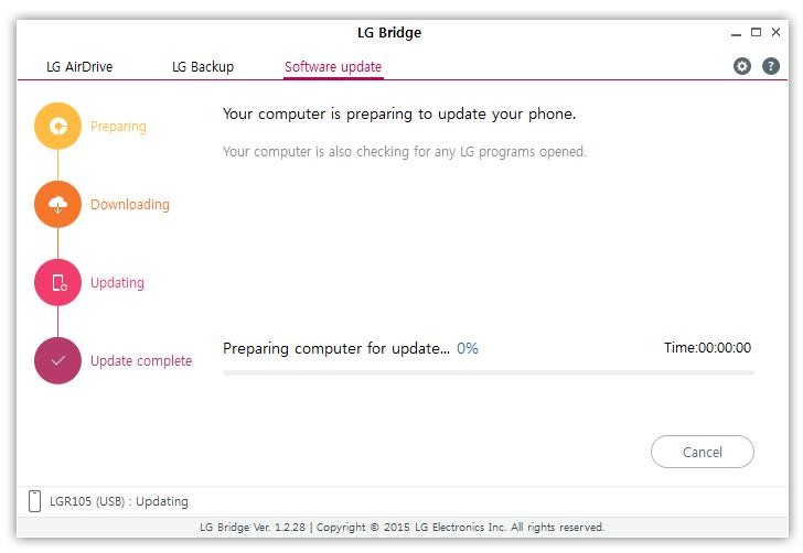Screenshot of LG Bridge app: 360 CAM update in progress