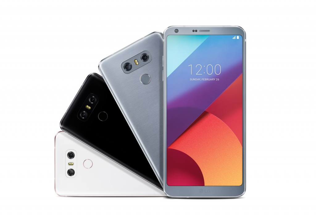 The front and back view of the LG G6 in Mystic White, Astro Black and Ice Platinum, fanning out at a 90° angle to the left