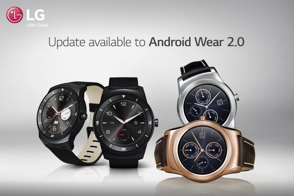 Four models from LG’s smart watch lineup with message announcing availability of Android Wear 2.0 update