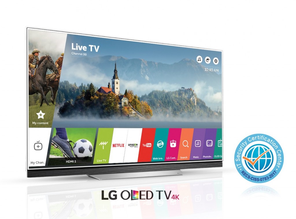 An LG OLED TV with Common Criteria certification logo on its right side.