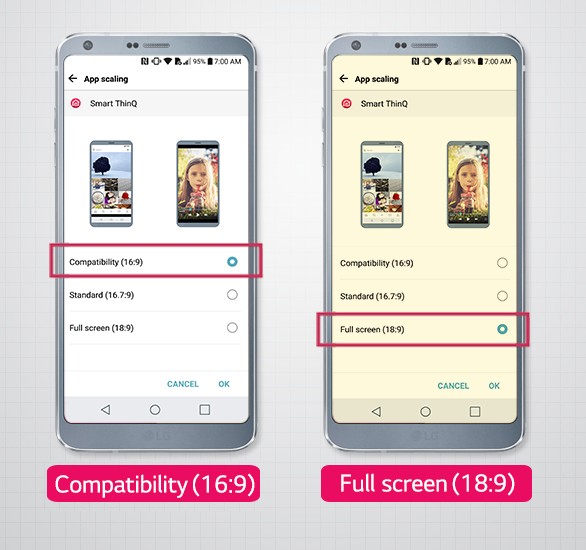 Two LG G6 smartphones showing App Scaling option screen with available modes: compatibility (16:9), standard (16.7:9) and full screen (18:9)