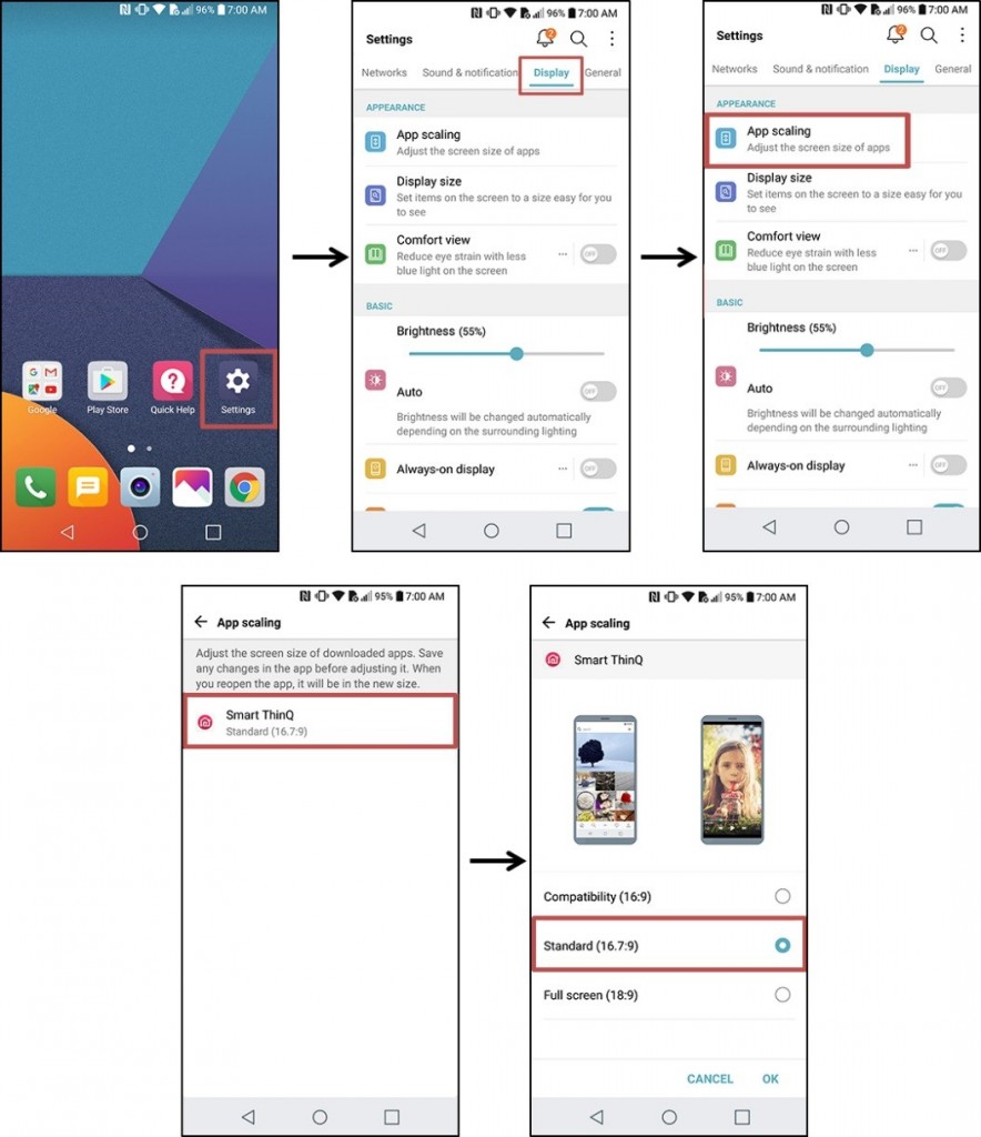 Series of five screenshots of LG G6 display giving step-by-step instructions on how to use the App Scaling feature