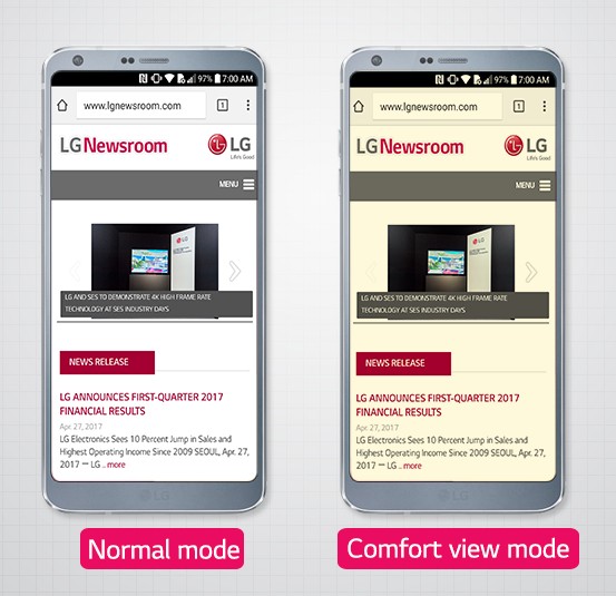 Two LG G6 smartphones set to different display modes: left shows Normal mode, right is in Comfort View mode