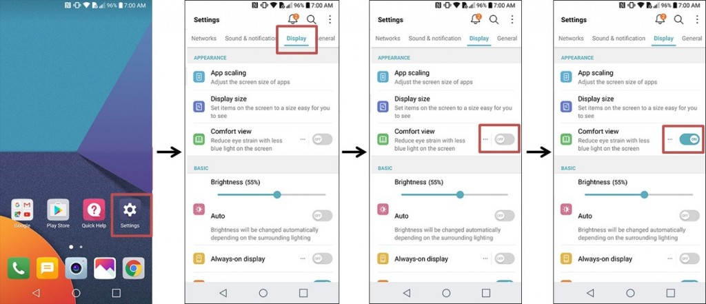 Series of four screenshots of LG G6 display giving step-by-step instructions for turning on Comfort View mode