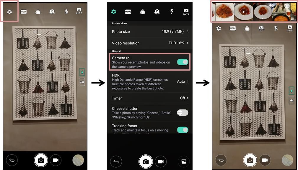 Series of three screenshots of LG G6 display giving step-by-step instructions on how to turn on Camera Roll