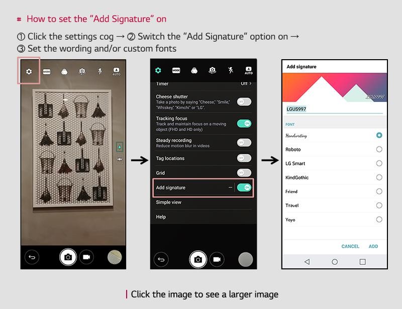 Series of three screenshots of LG G6 display giving step-by-step instructions for turning on the Add Signature feature