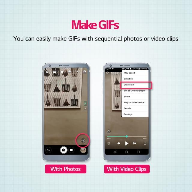 Two side-by-side LG G6 smartphones displaying GIF-making feature below message stating: Make GIFs, you can easily make GIF files with sequential photos or video clips