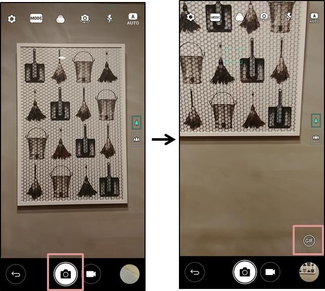 Series of two screenshots of LG G6 display giving step-by-step instructions for making GIF files with sequential photos