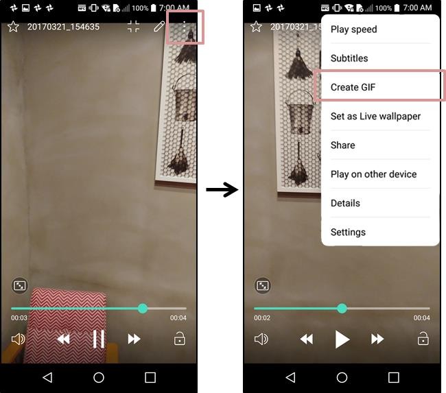 Series of two screenshots of LG G6 display showing how to make GIF files from a video clip