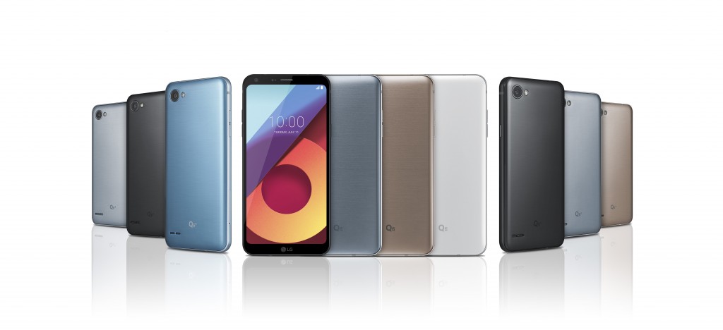 The front and back view of the LG Q6 in Astro Black, Ice Platinum, Terra Gold and Mystic White, the LG Q6+ in Ice Platinum, Astro Black and Marine Blue and the LG Q6α in Astro Black, Ice Platinum and Terra Gold