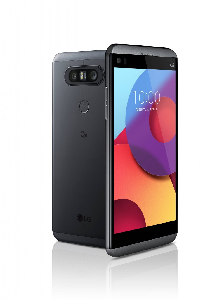The front and rear view of the LG Q8 in Urban Titan