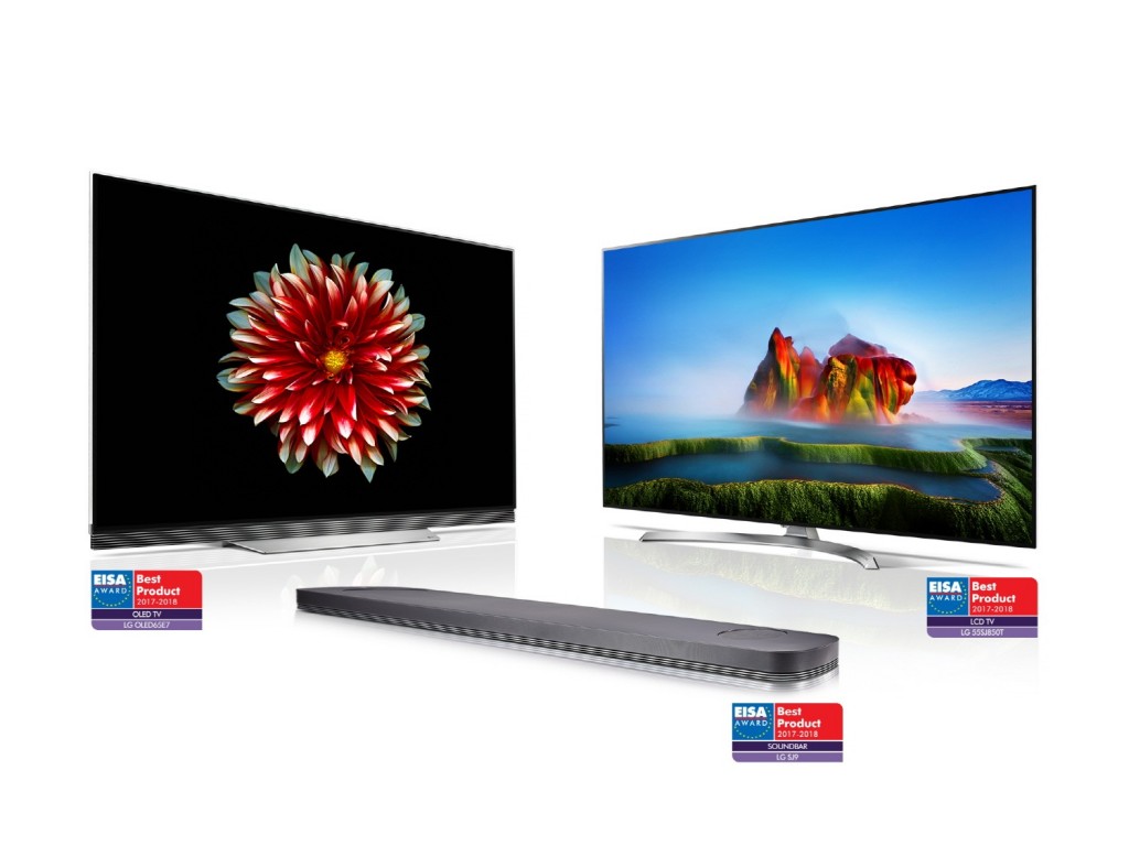 Ultra-slim LG OLED TV (model OLED65E7), LG SUPER UHD TV (model 55SJ850V) and LG Soundbar (model SJ9) with EISA AWARD Best Product logos attached to each product.