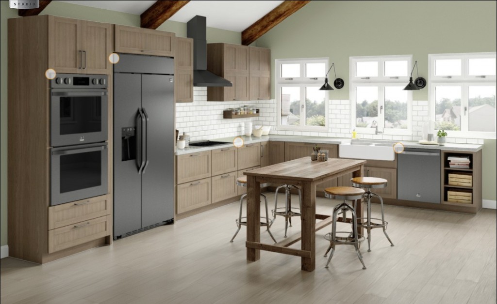 Kitchen with wooden cabinets and the complete North American LG STUDIO lineup with black stainless steel finish, including oven, induction stovetop, wall hood, dishwasher and Side-by-Side refrigerator.