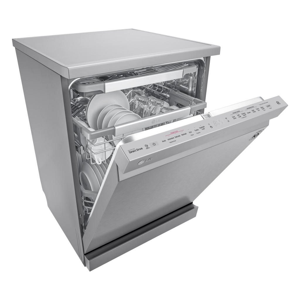 LG SteamClean™ dishwasher with the door slightly open and filled with various clean dishes