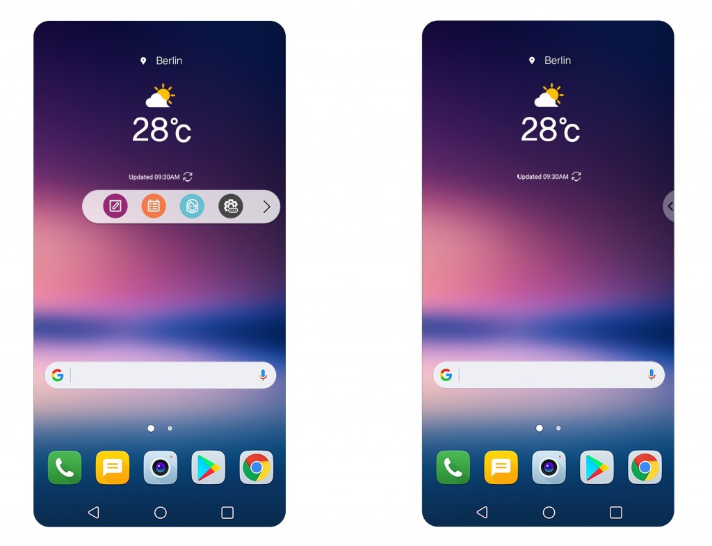 Two screenshots of the LG V30, showing off the upgraded UX and the new Floating Bar