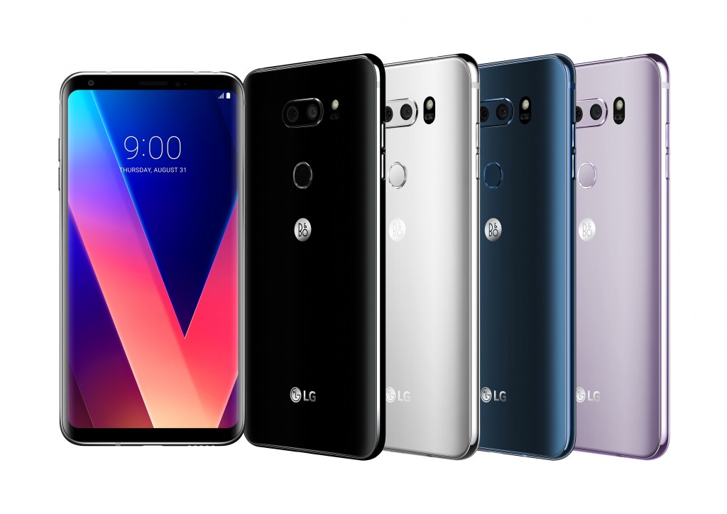 The front and back view of the LG V30 in Aurora Black, Cloud Silver, Moroccan Blue and Lavender Violet