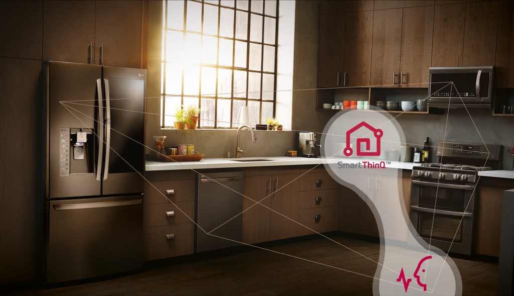 Kitchen with diagram connecting the LG InstaView Door-in-Door™ refrigerator, microwave, oven and dishwasher with a SmartThinQ™ icon and icon of a person speaking