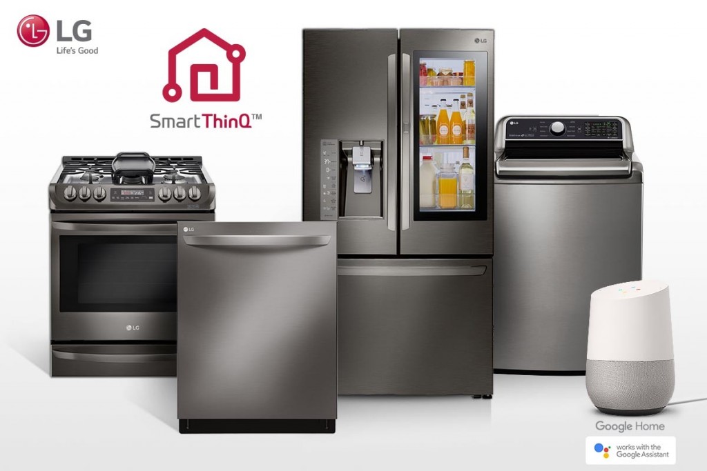 LG smart appliances lineup including refrigerator, top-load washing machine, oven and dishwasher with the SmartThinQ™ logo on the upper left. Google Home, an AI speaker with Google Assistant standing along with LG smart appliances.