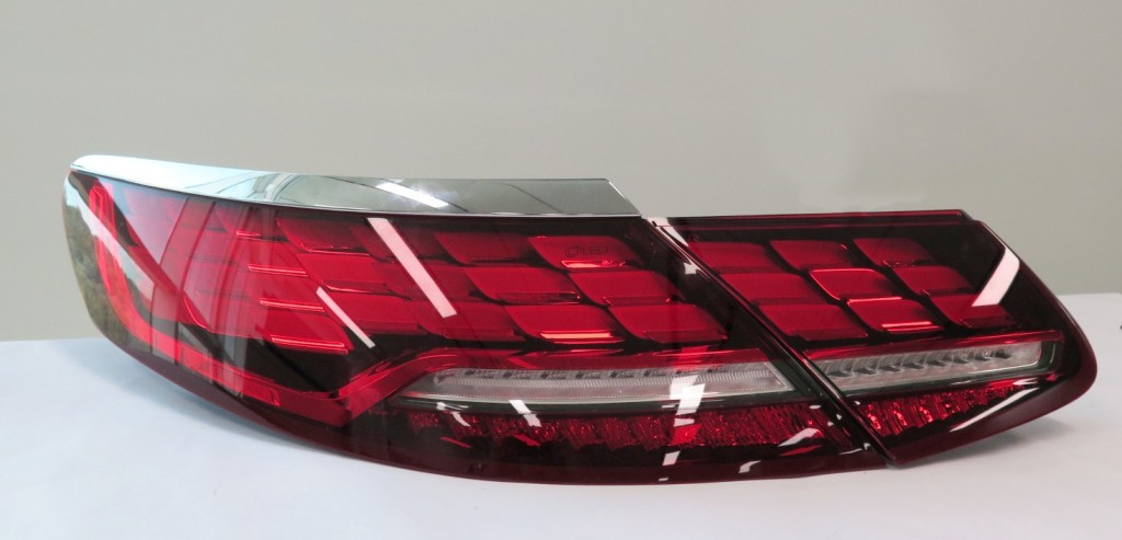 The LG-designed OLED rear lamp for vehicles before car installation on display at the Frankfurt Motor Show.