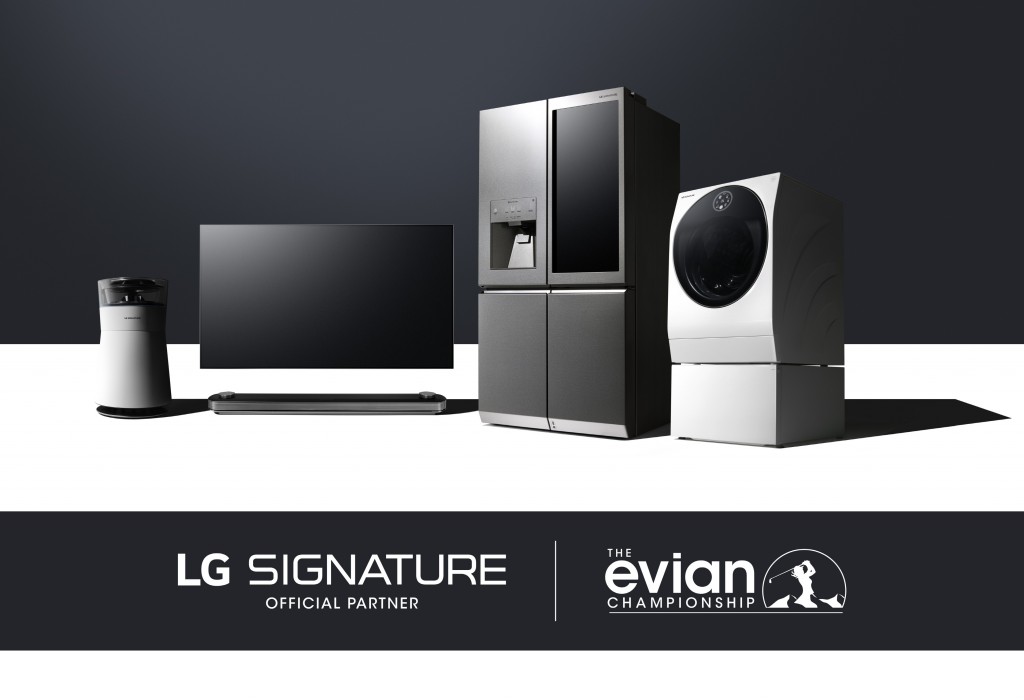 The LG SIGNATURE lineup consisting of the OLED TV, TWIN Wash™ washing machine, InstaView refrigerator and futuristic air purifier.