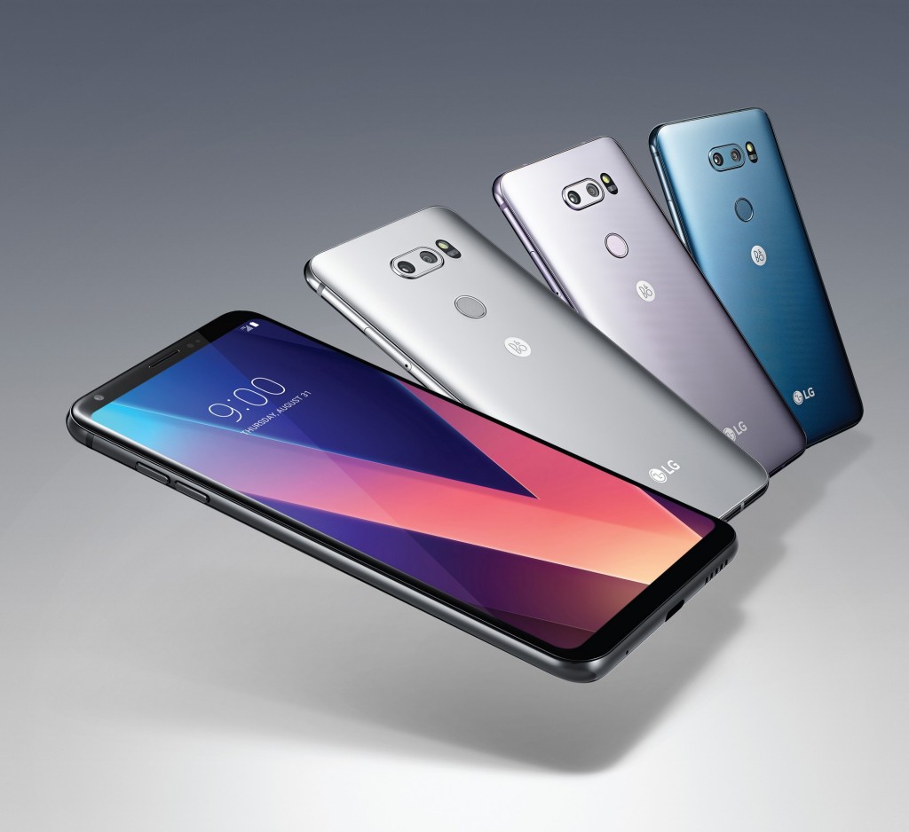 The front and rear view of the LG V30 in Aurora Black, Cloud Silver, Lavender Violet and Moroccan Blue