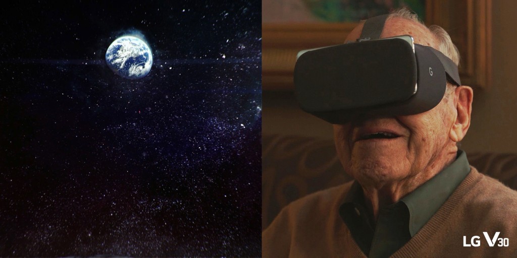 Screenshot of an LG advertisement featuring octogenarian astronaut Jim Lovell experiencing a moonwalk in VR, with the help of the LG V30 and Google Daydream