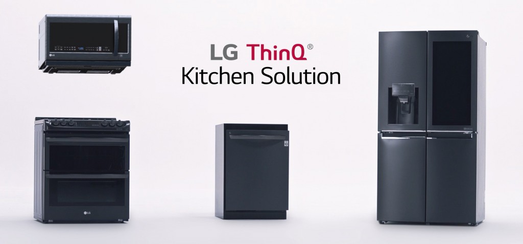 LG EasyClean® oven range, QuadWash™ dishwasher, InstaView refrigerator and microwave featuring the LG ThinQ™ logo and the text “Kitchen Solution”