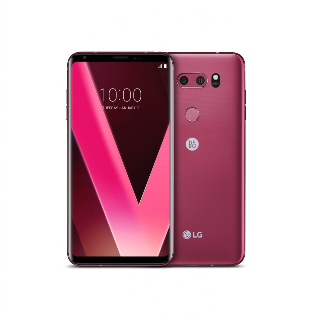 Two LG V30 smartphones in Raspberry Rose color, one facing front and one facing rear