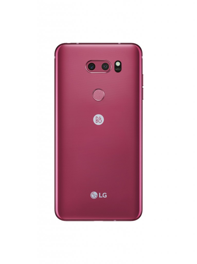 The rear case view of LG V30 smartphones in Raspberry Rose color