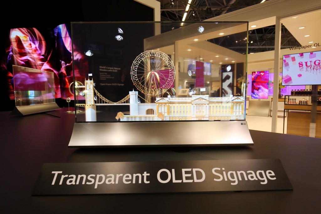 A view of the LG Transparent OLED signage displayed at ISE 2018.