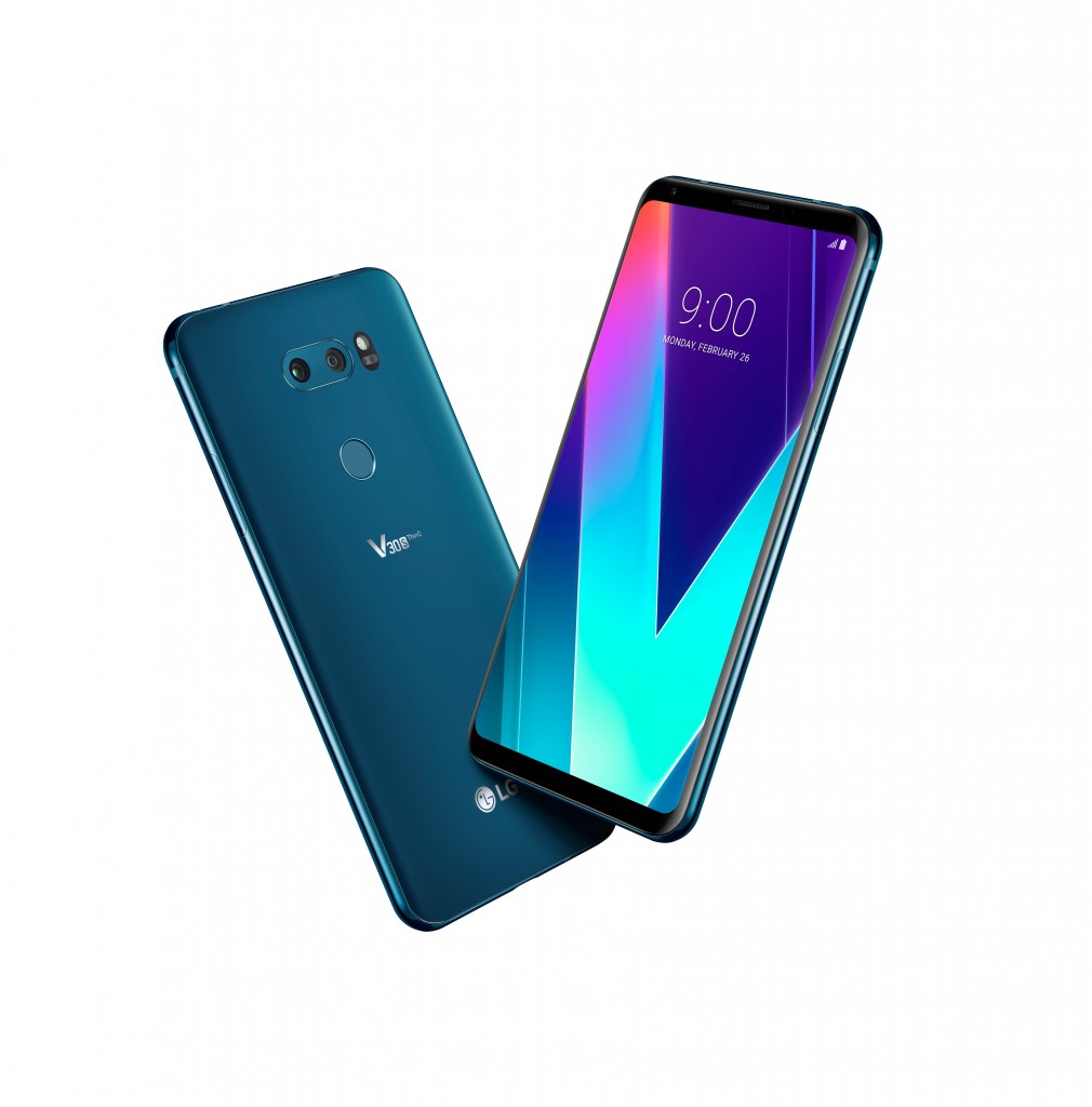 The front and rear view of the LG V30SThinQ in New Moroccan Blue positioned to form a V shape