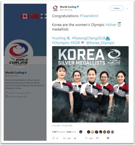 The photo shows the Tweeter account of World Curling Association celebrating on Team Kim’s silver medal winning at PyeongChang Winter Olympics 2018.