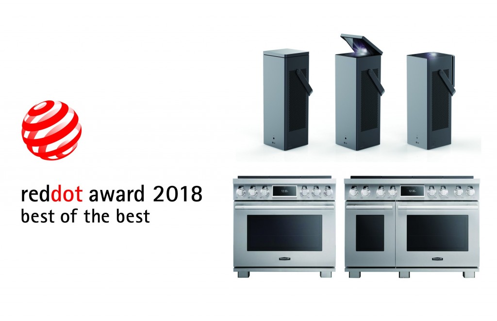 Logo of ‘reddot award 2018 best of the best’ with LG’s CineBeam 4K Lasers and SIGNATURE KITCHEN SUITE Pro range