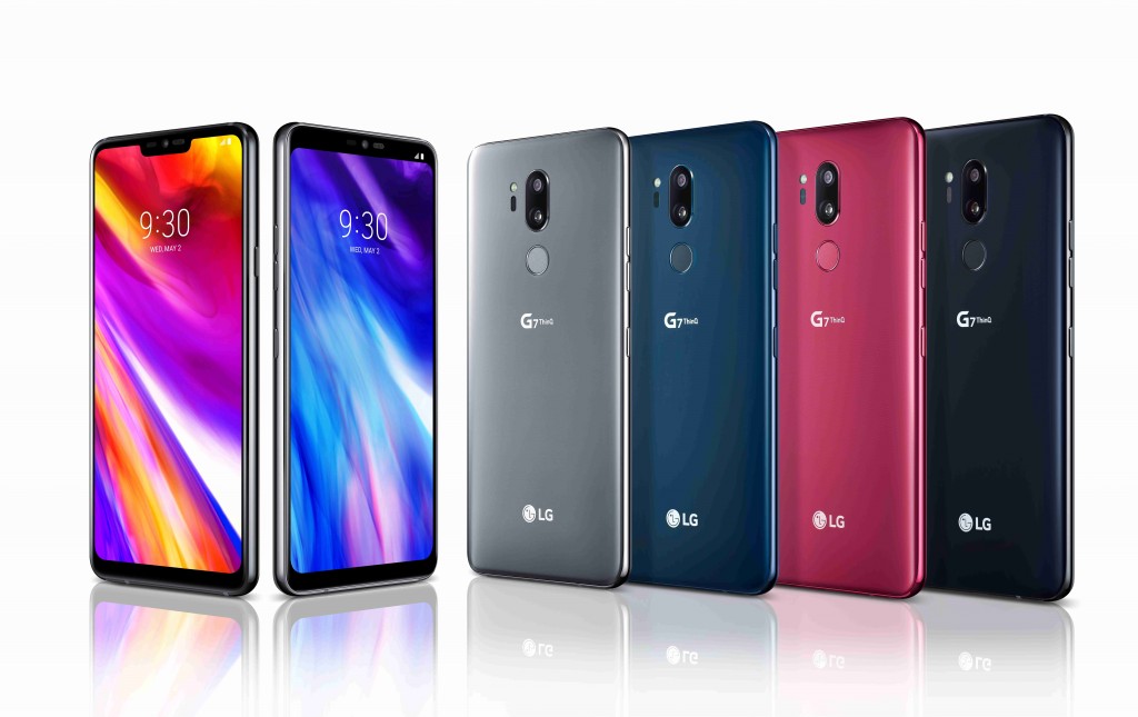 The front and rear view of the LG G7 ThinQ in New Platinum Gray, New Moroccan Blue, Raspberry Rose and New Aurora Black, side-by-side width=