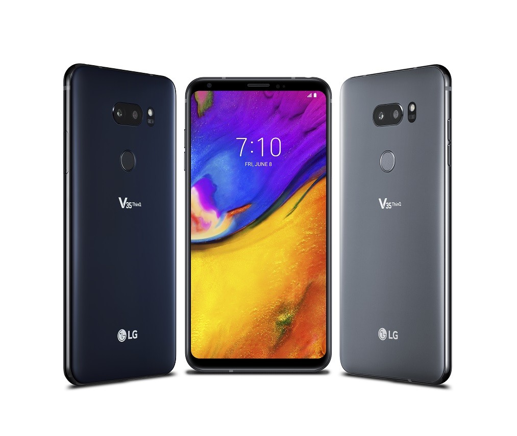 The front and back view of the LG V35 ThinQ in New Aurora Black and New Platinum Gray