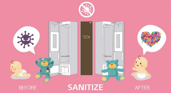 The infographic shows that the LG Styler sanitizes the comfort doll of a baby by using the Steam technology.
